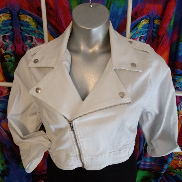 Cropped White Denim Moto Jacket - Picture 4 of 7